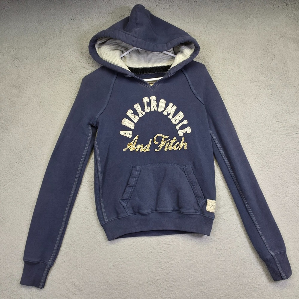 Abercrombie Fitch Hoodie Womens S Blue Raglan Patchwork Thrashed Y2K‎ Streetwear